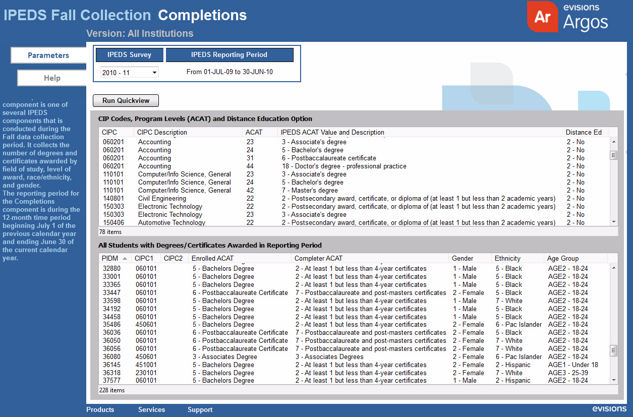 IPEDS Completions Survey DataBlock prompting the user to select an academic year from the drop-down to view results and download the report.